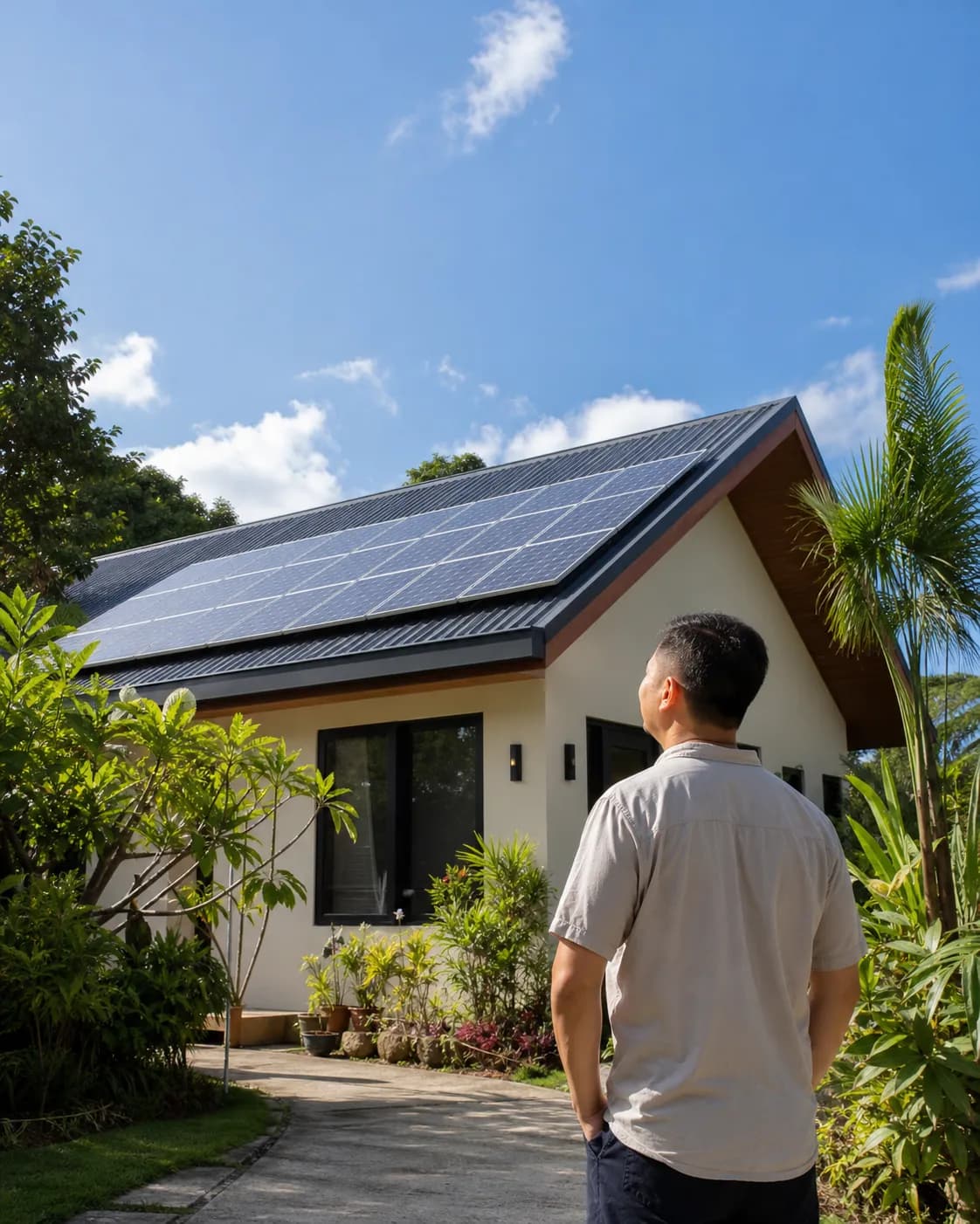 Filipino homeowner beside a solar-powered home