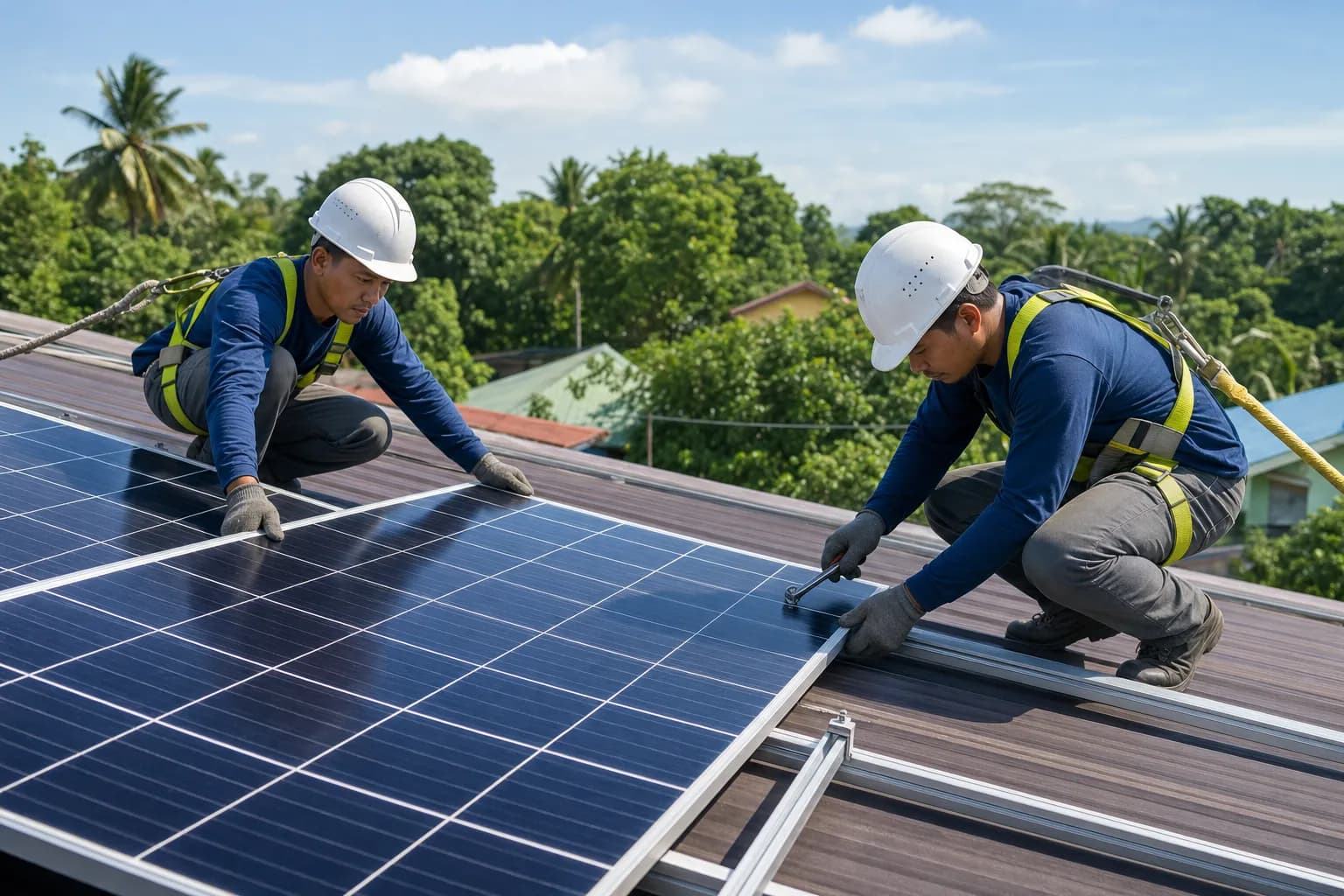 Solar technicians installing panels safely